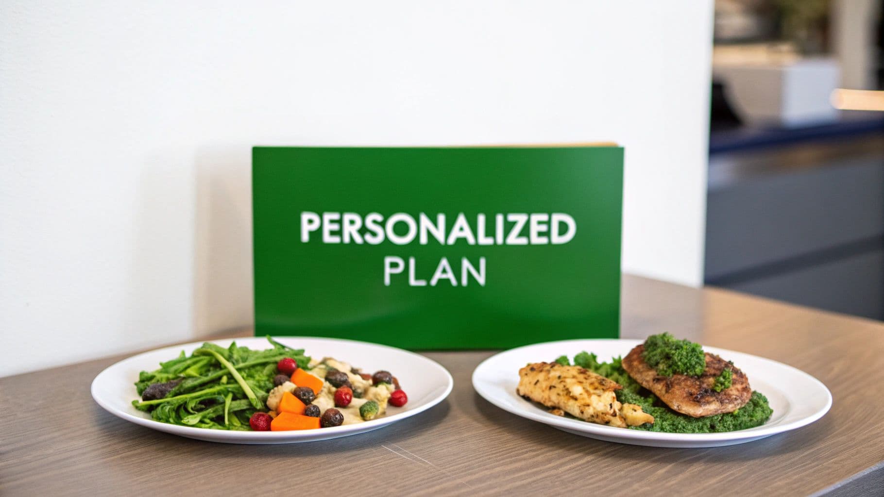 A collage of healthy foods, a person exercising, and a calendar representing a personalized plan.