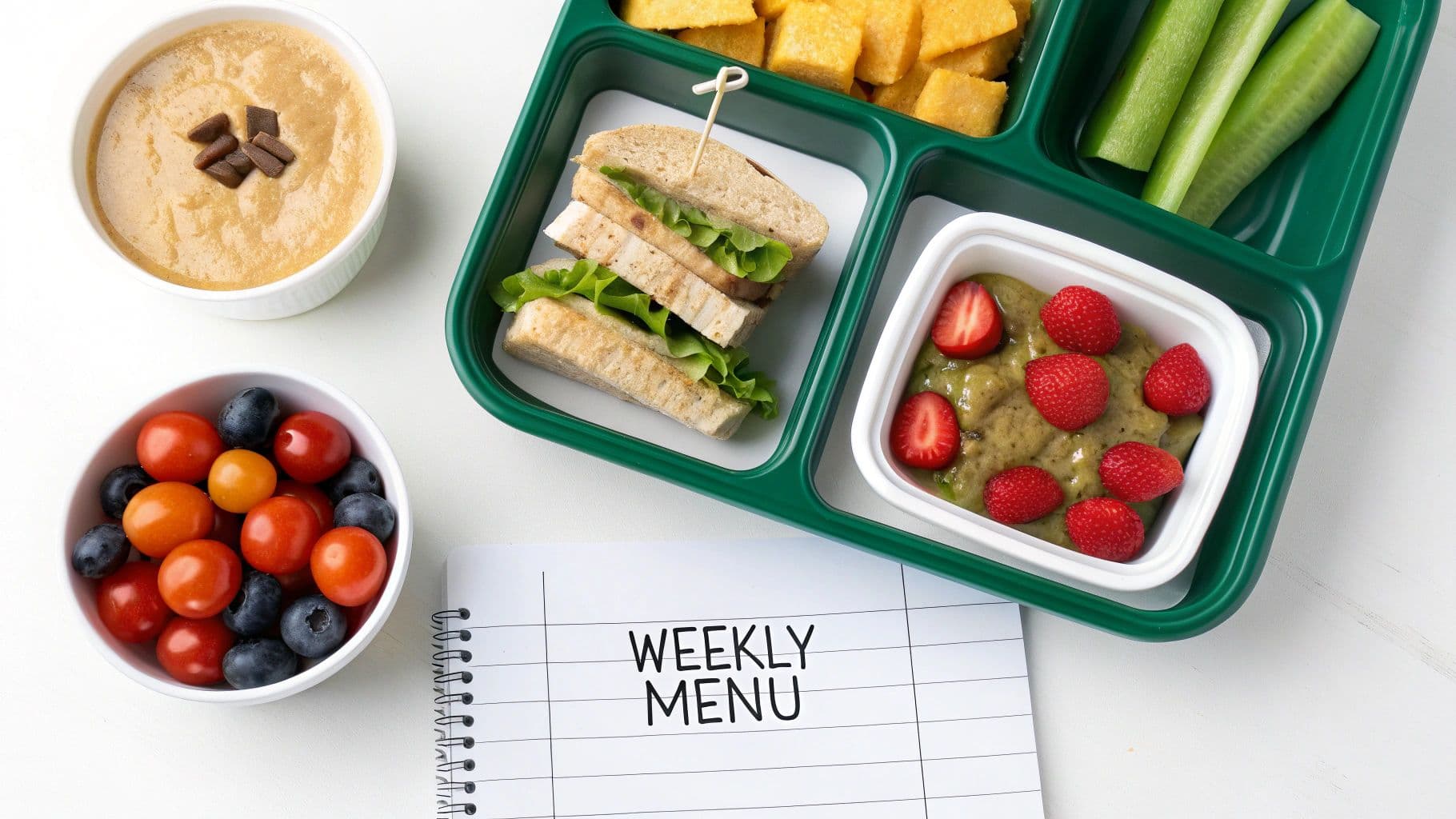 A colorful and appealing healthy meal for kids, artfully arranged on a plate to look fun and inviting.