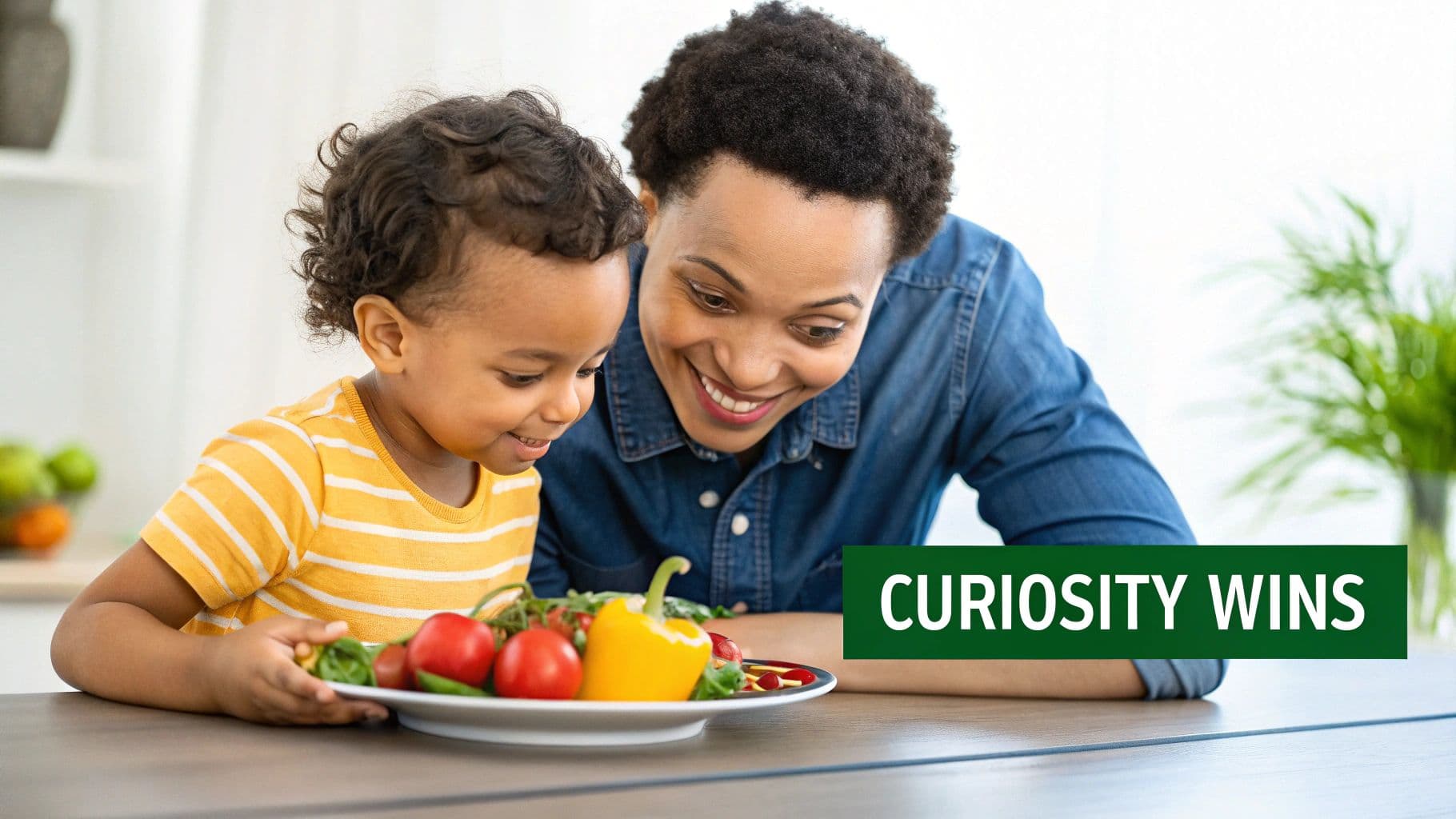 A young child enthusiastically eating a healthy meal with their hands, showing enjoyment and curiosity.